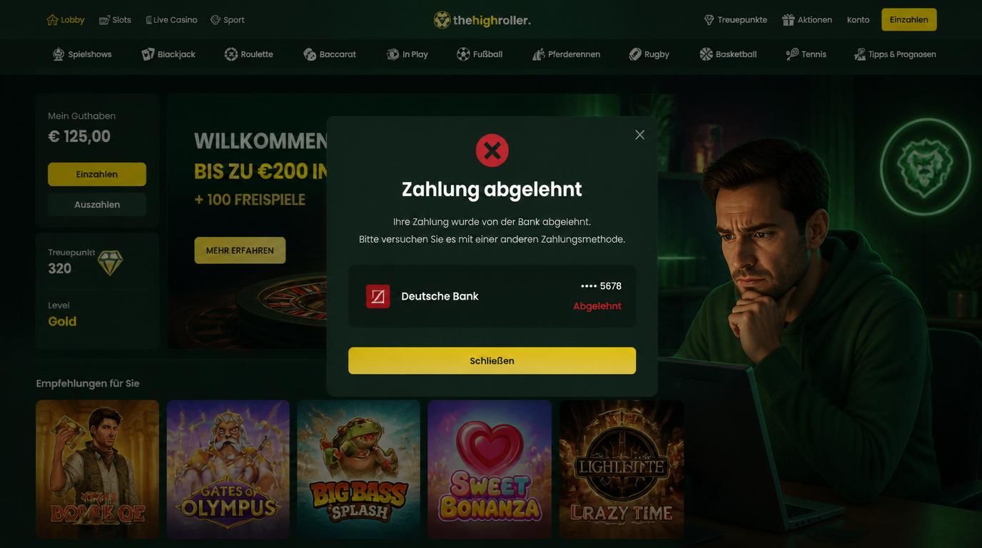 Spieler erlebt Ablehnung durch die Bank bei Einzahlung