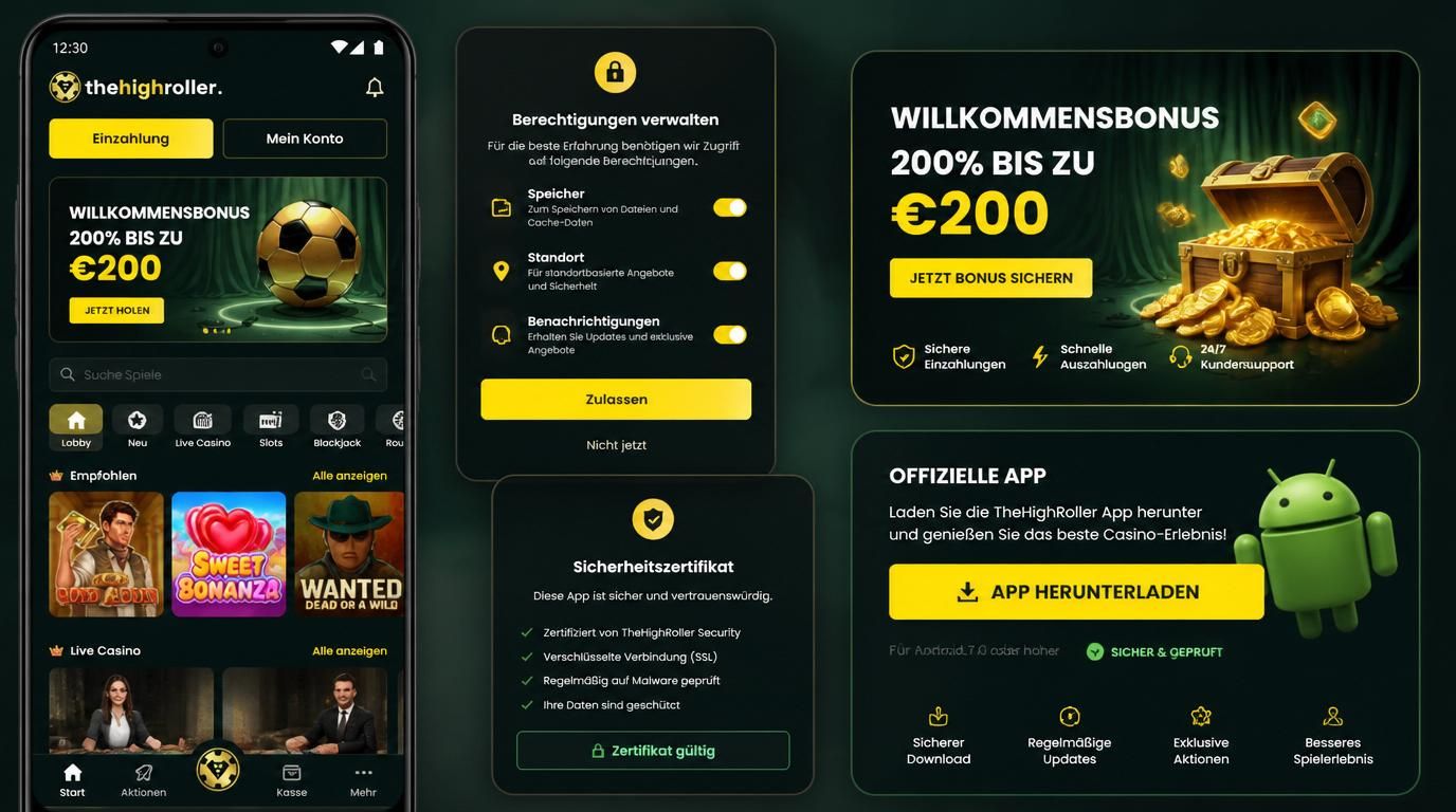 Das Bild zeigt eine Android-App mit Sicherheitsdialog, offizieller Quelle und einem Bonusangebot