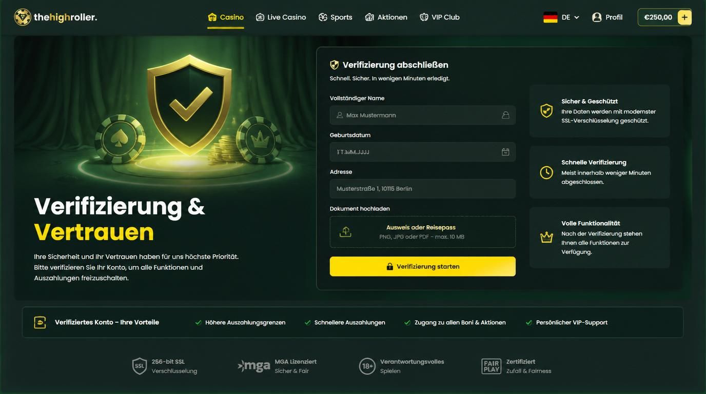 Ein seriöses Casino-Formular mit Verifizierungsprozess und deutschen Elementen.