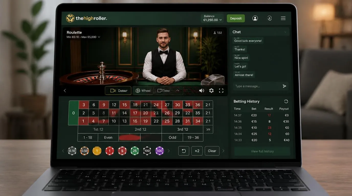 Live-Roulette-Tisch mit Dealer, klaren Einsatzfeldern, Chatfenster und sichtbarem Wettverlauf