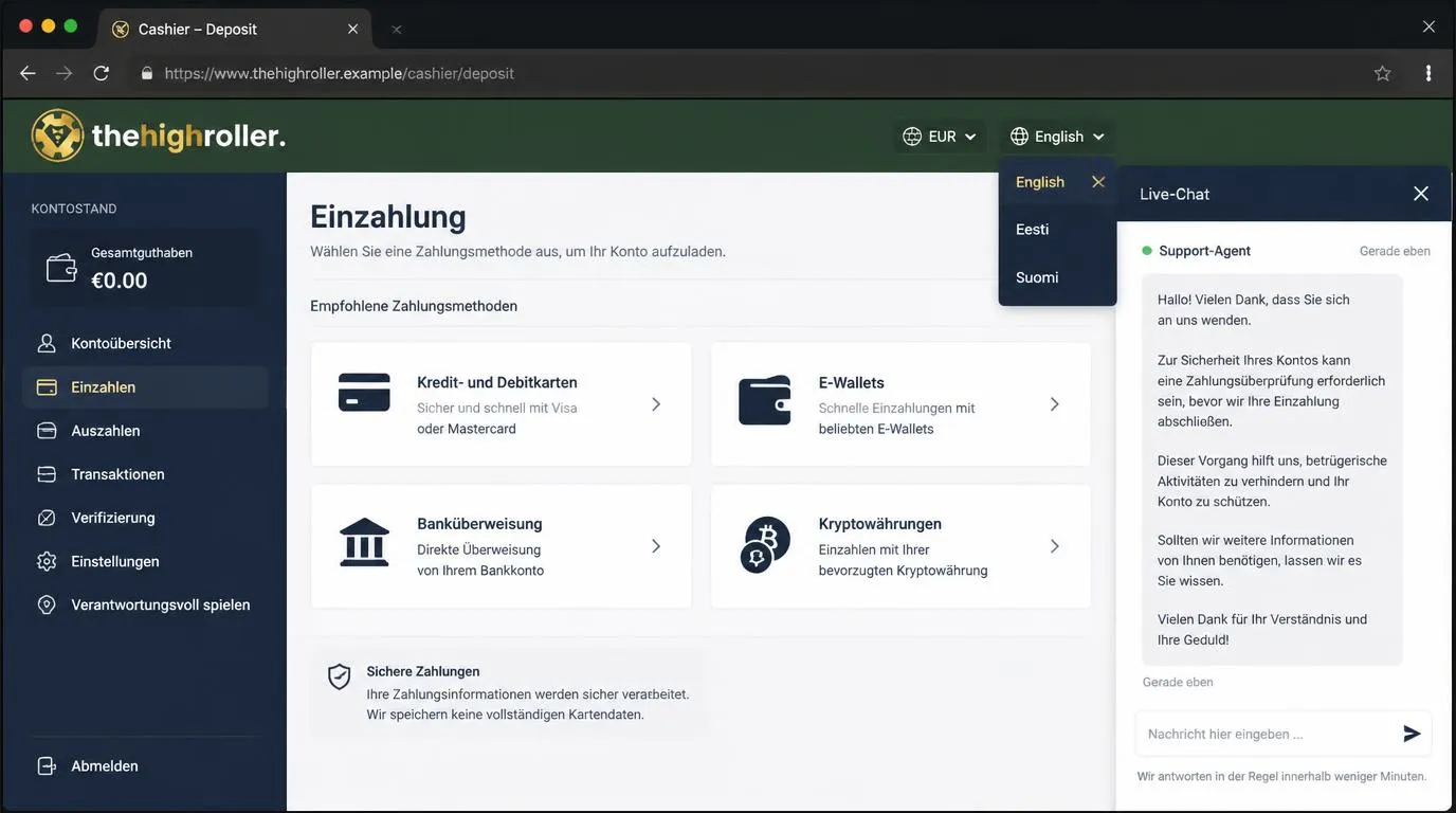 Casino-Kassenbereich mit Euro-Auswahl, Zahlungsmethoden und geöffnetem Live Chat