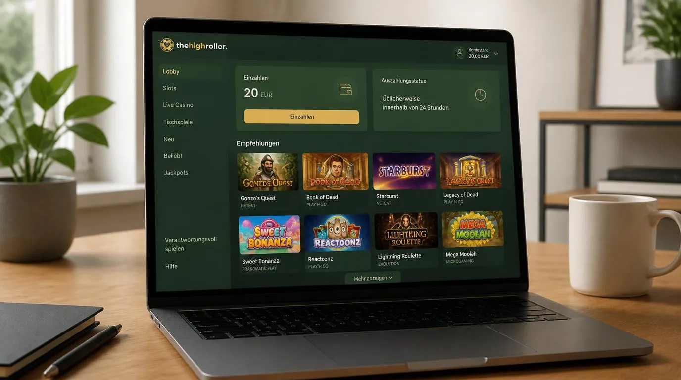 Casino-Oberfläche mit 20 EUR Mindesteinzahlung, Auszahlungsdauer und Spielen verschiedener Anbieter