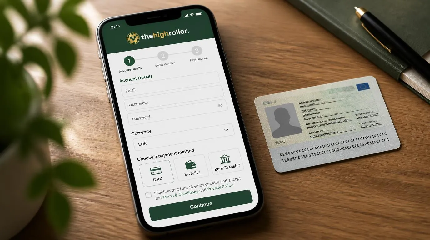 Smartphone mit Registrierungsformular, Ausweisprüfung und Auswahl der Einzahlungsmethode