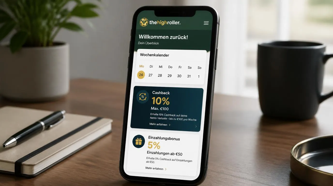 Smartphone mit Wochenkalender, Cashback-Gutschrift am Montag und Bonus auf eine Einzahlung